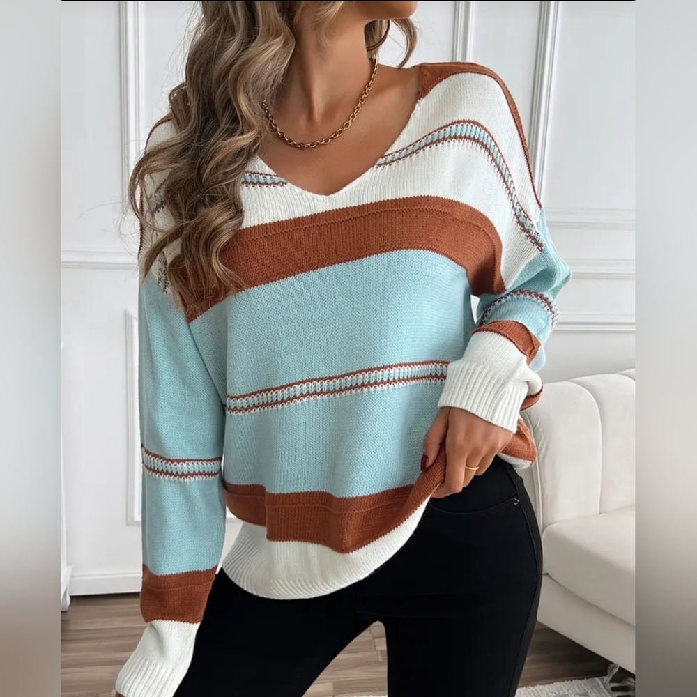 Striped V-Neck Sweater - Blue, Brown, and White